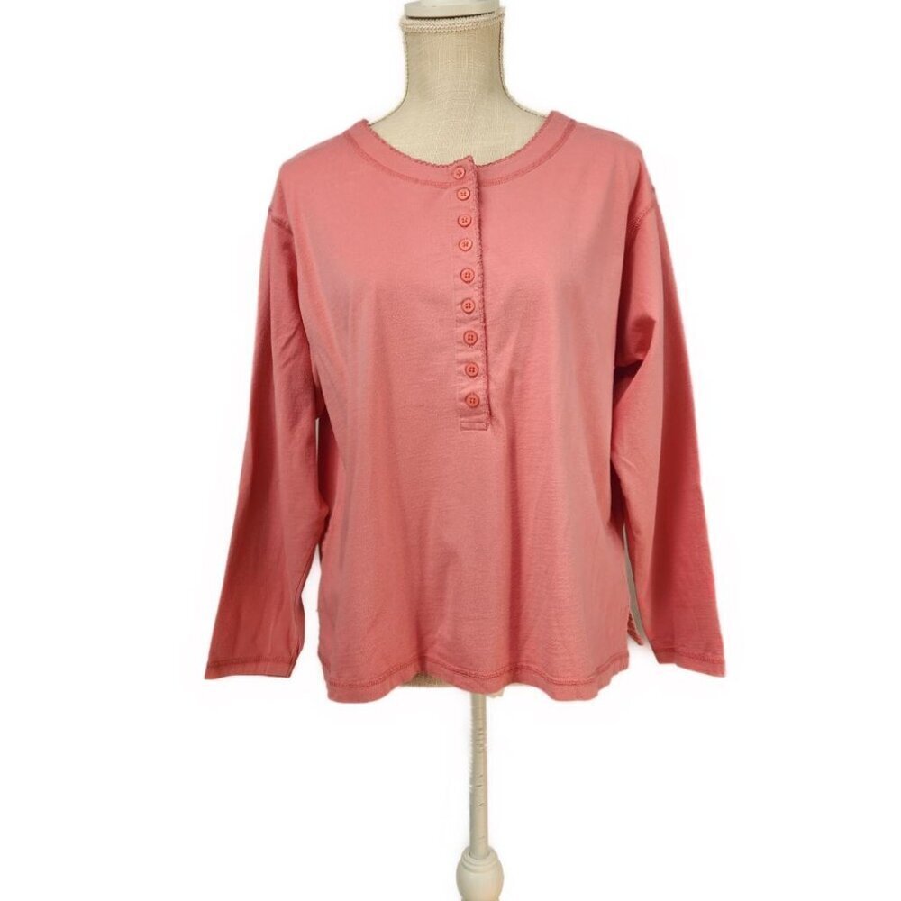 Eddie Bauer Long Sleeve Women's Petite L 1/2 Button Salmon Pink Cottage Shirt